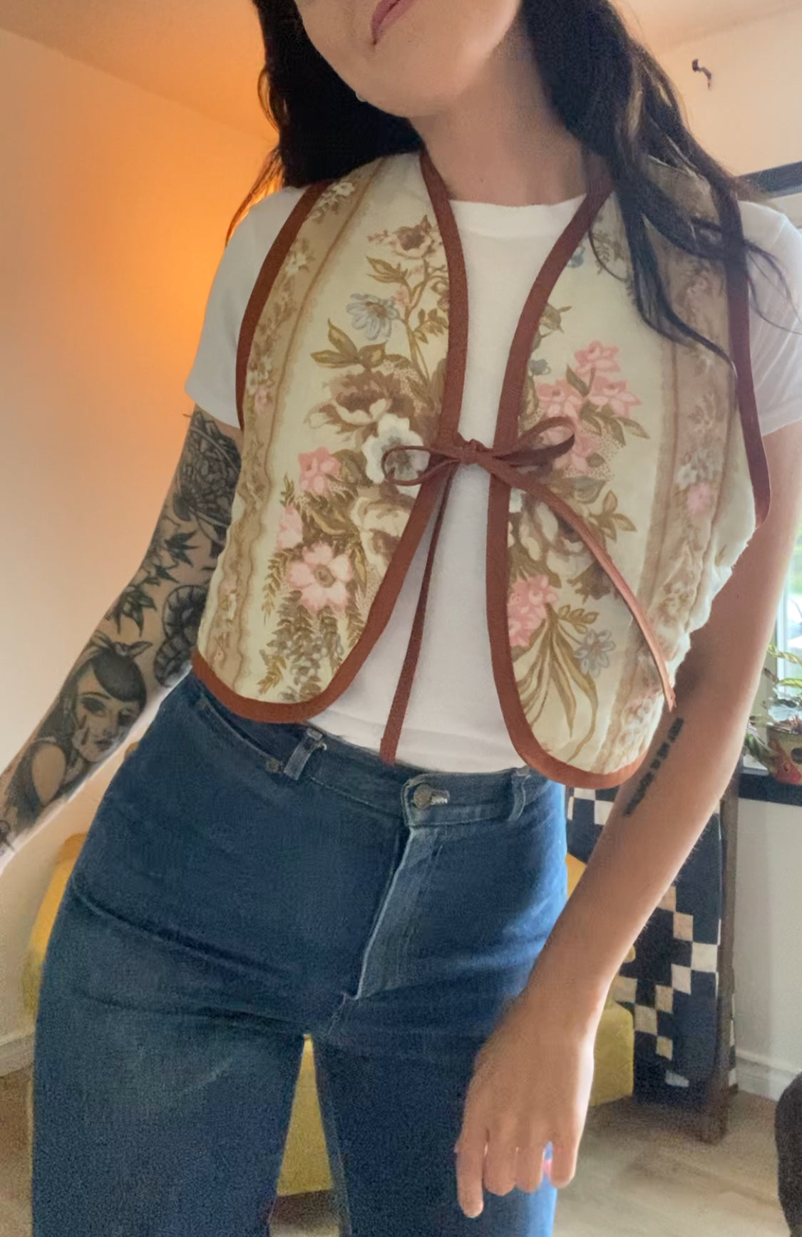 (S) Upcycled Tie Front Floral Vest