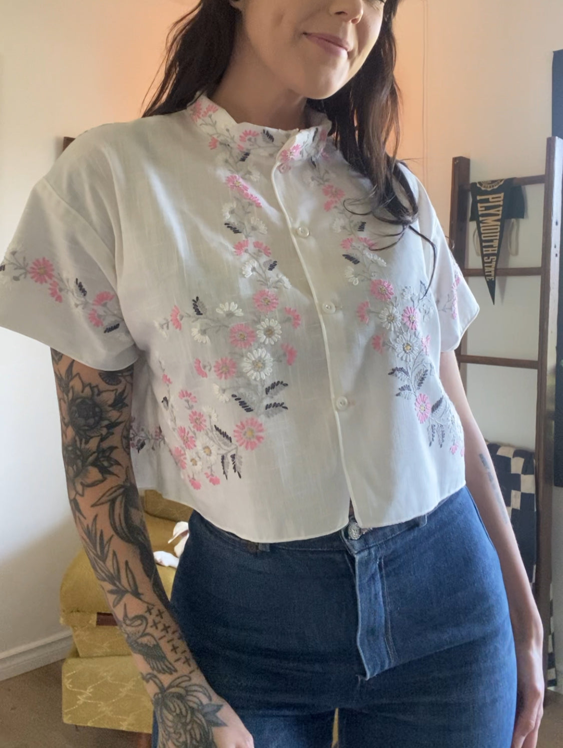 Upcycled Embroidered Button Up