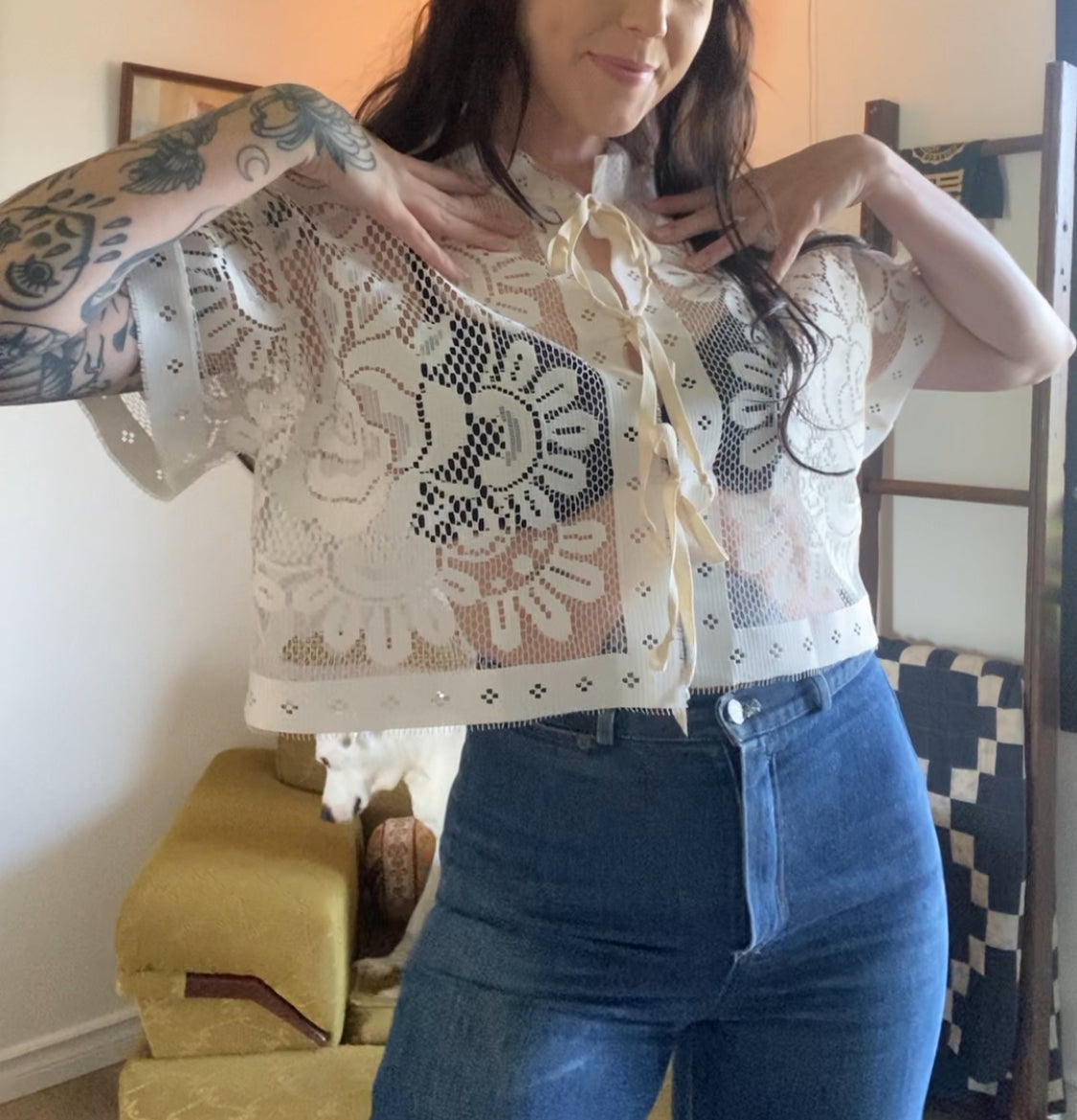 Upcycled Tie Front Lace Blouse