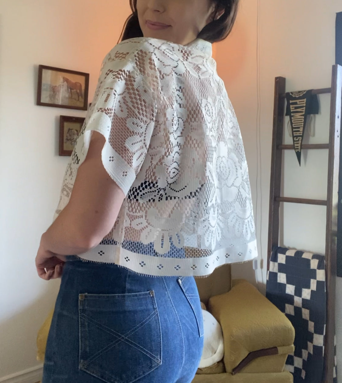 Upcycled Tie Front Lace Blouse