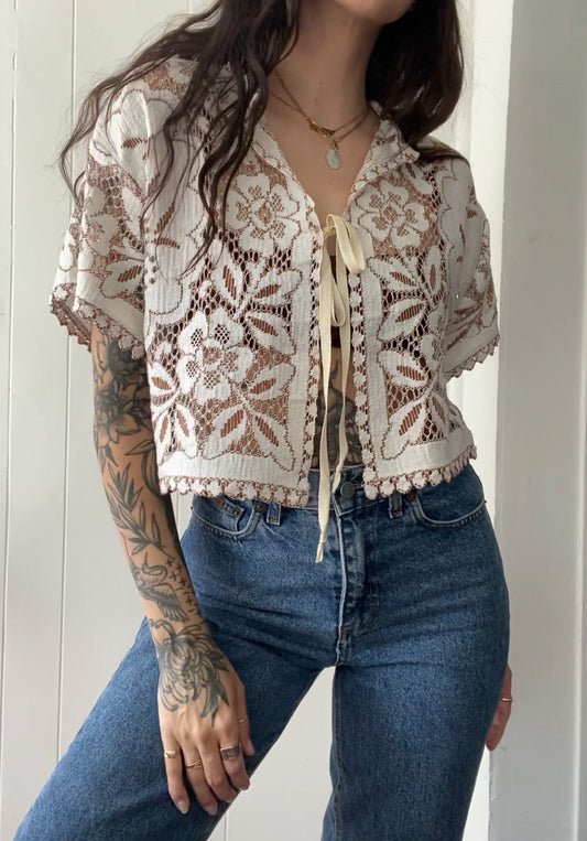 Upcycled Tie Front Lace Blouse